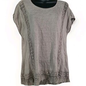 Bellambra Crochet Detail Boho Top Sz S Light Brown Cap Slv Beach Made in Italy